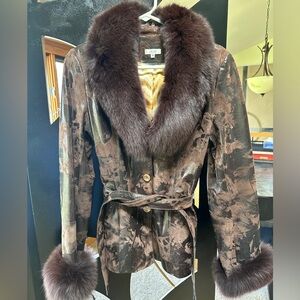 Cache Leather and Faux Fur Wrap Jacket